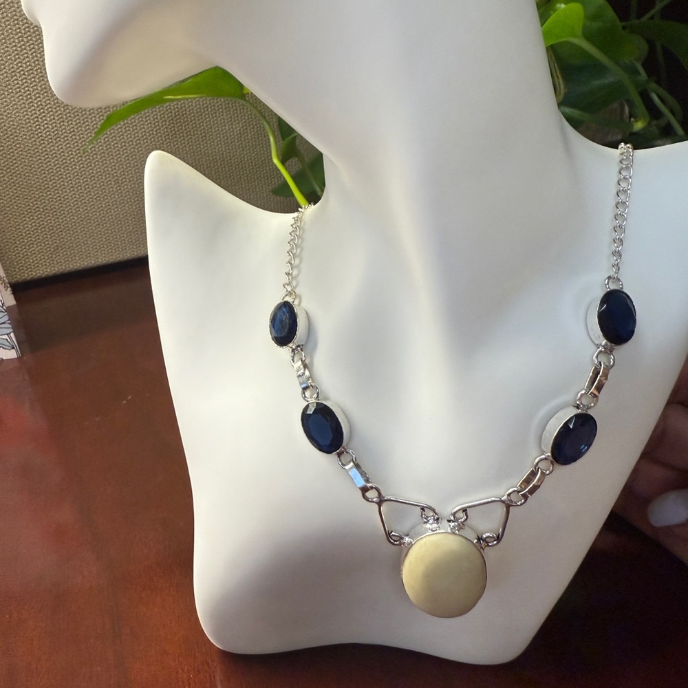 925 Sterling Silver Necklace with Bone-Style Center & Sapphire-Look Stones